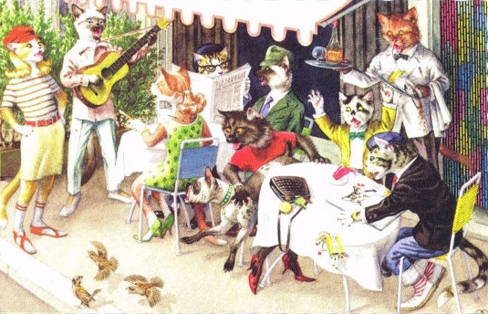 cat cafe vintage postcard by ALFRED MAINZER