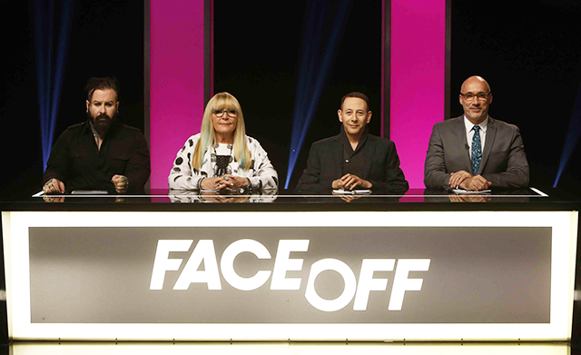 FACE OFF -- "Child's Play" Episode 1002 -- Pictured: (l-r) Glenn Hetrick, Ve Neill, Paul Reubens, Neville Page -- (Photo by: Jordin Althaus/Syfy)